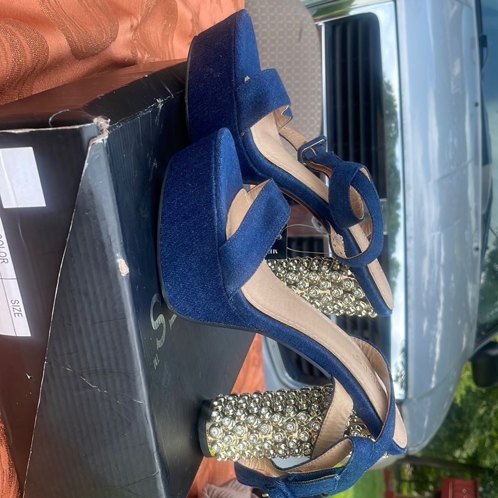 Denim straps platform heel with bedazzled heels